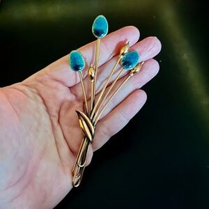 Vintage Matisse Renoir Bouquet of Teal Cattail Stalks Reeds Brooch Pin
